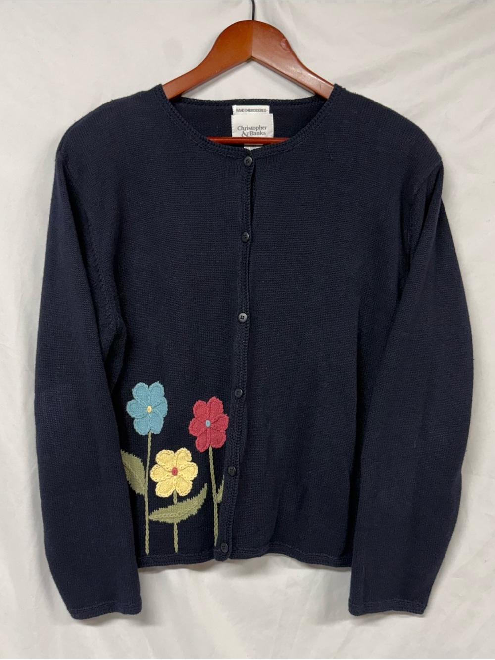 Christopher & Banks Navy Cardigan with Blue, Pink, and Yellow Floral embroidered